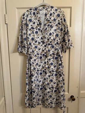 Beau and Ro White Floral Midi Dress with Blue Flowers